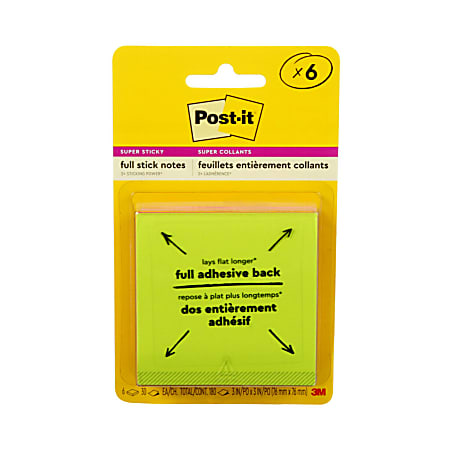 Post-it® Notes Super Sticky Full Adhesive Notes, 180 Total Notes, Pack Of 6  Pads, 3 x 3, Energy Boost Colors, 30 Notes Per Pad